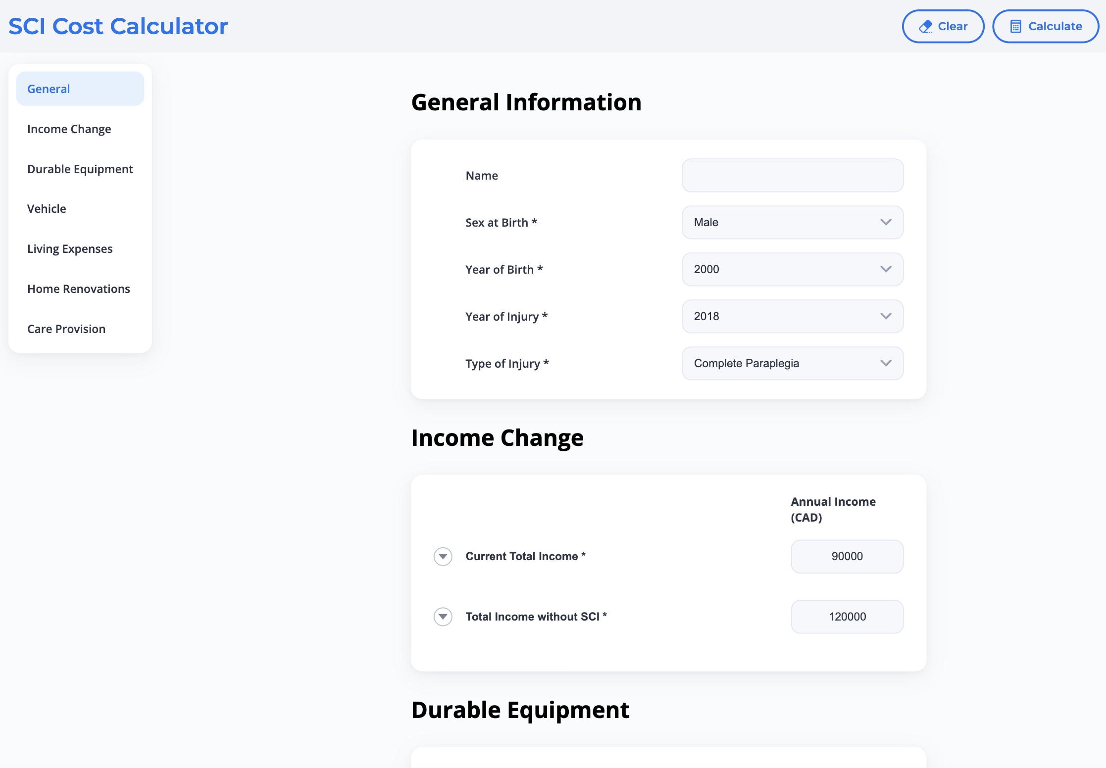 SCI Cost Calculator Screenshot 1